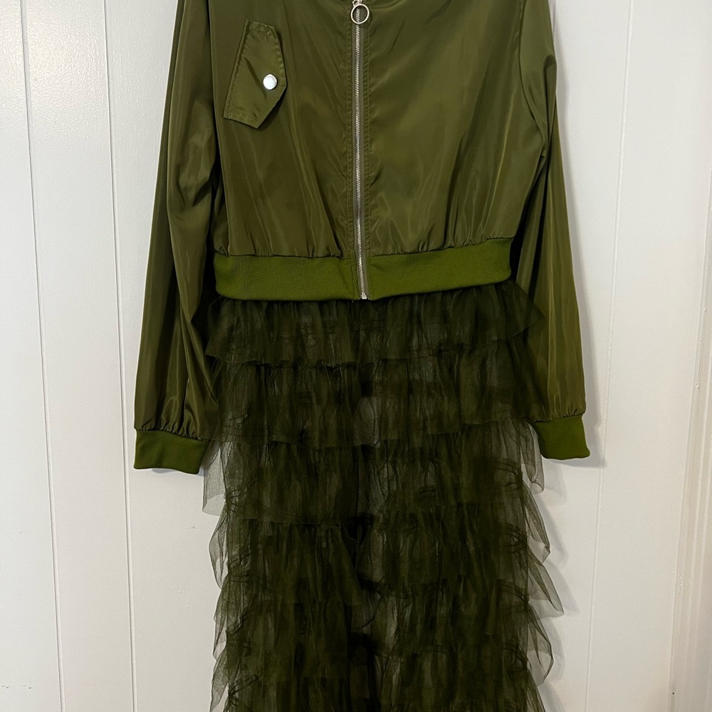 Olive Green Women's Jacket with Ruffle Detail